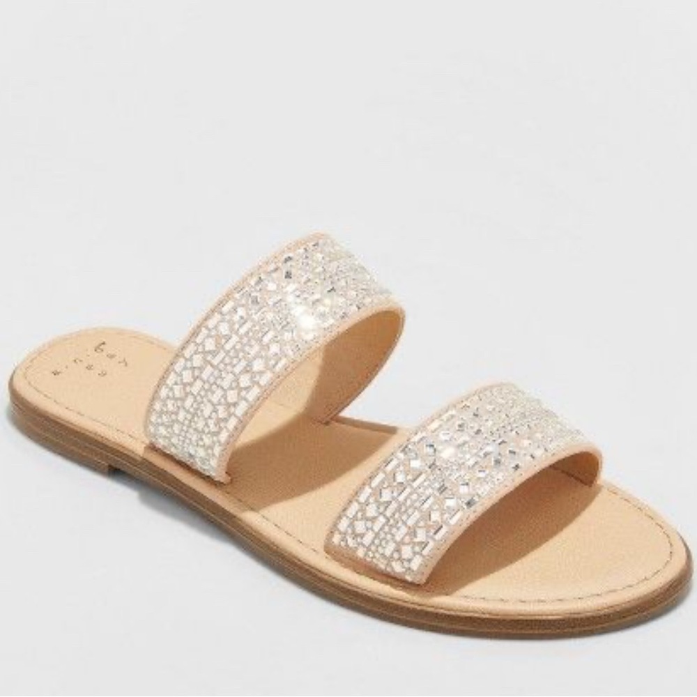 A New Day Kersha Beige and Silver Embellished Slide Sandals Size 7.5